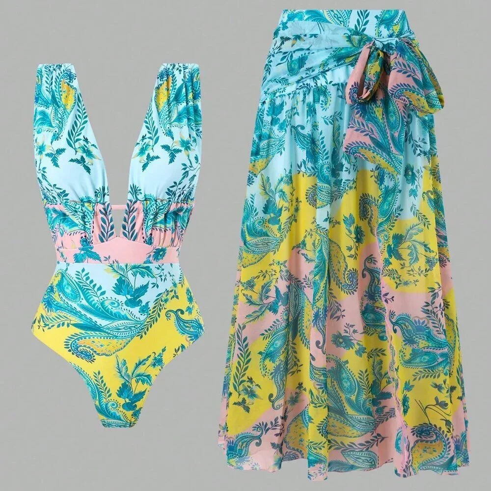 Multicolor Casual Women's Chiffon Swimsuit Set with Skirt
